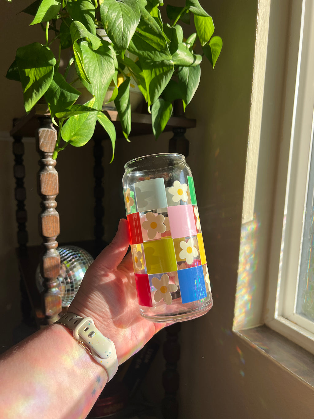 Floral Checker Glass Can Cup