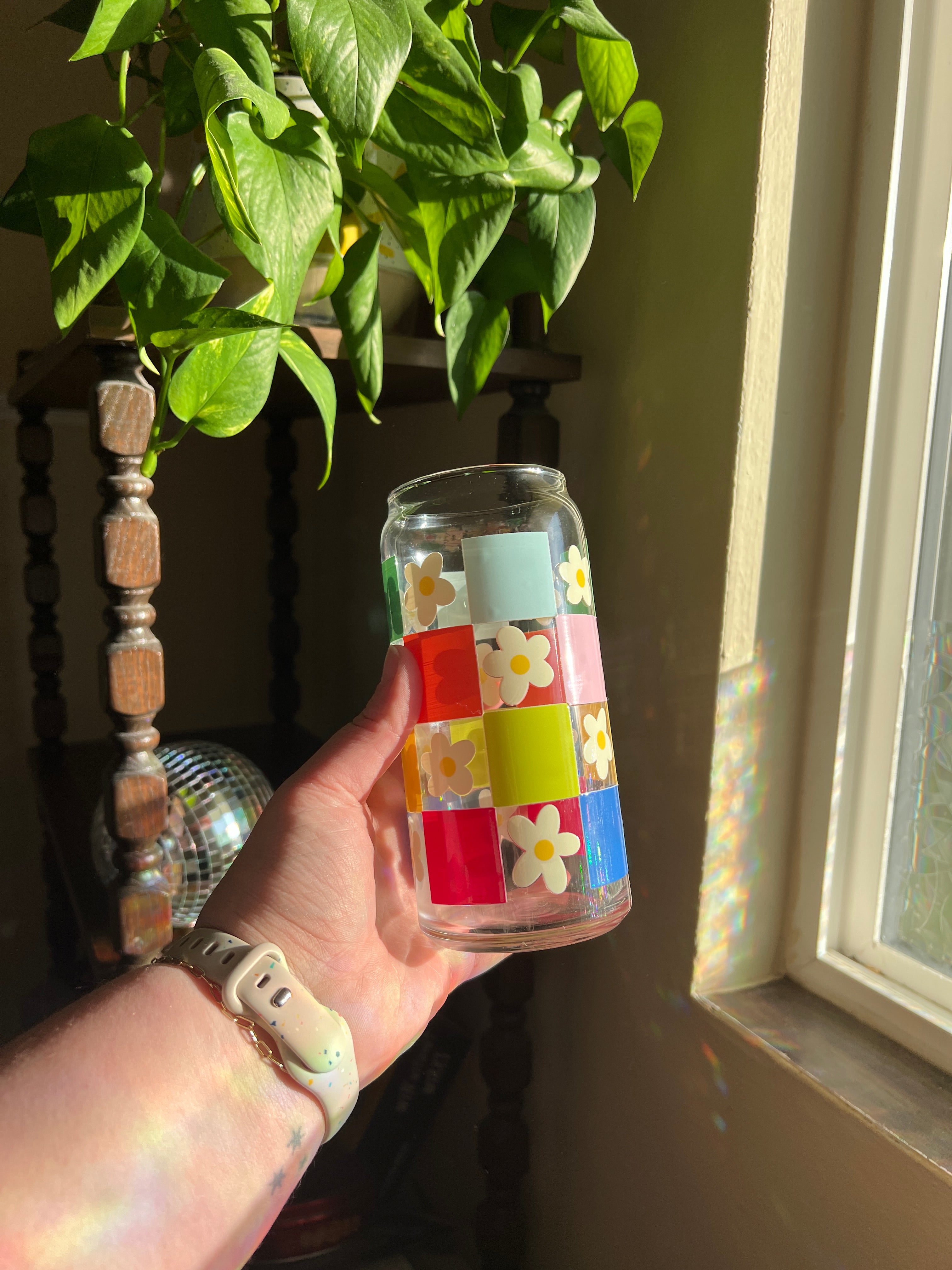 Floral Checker Glass Can Cup