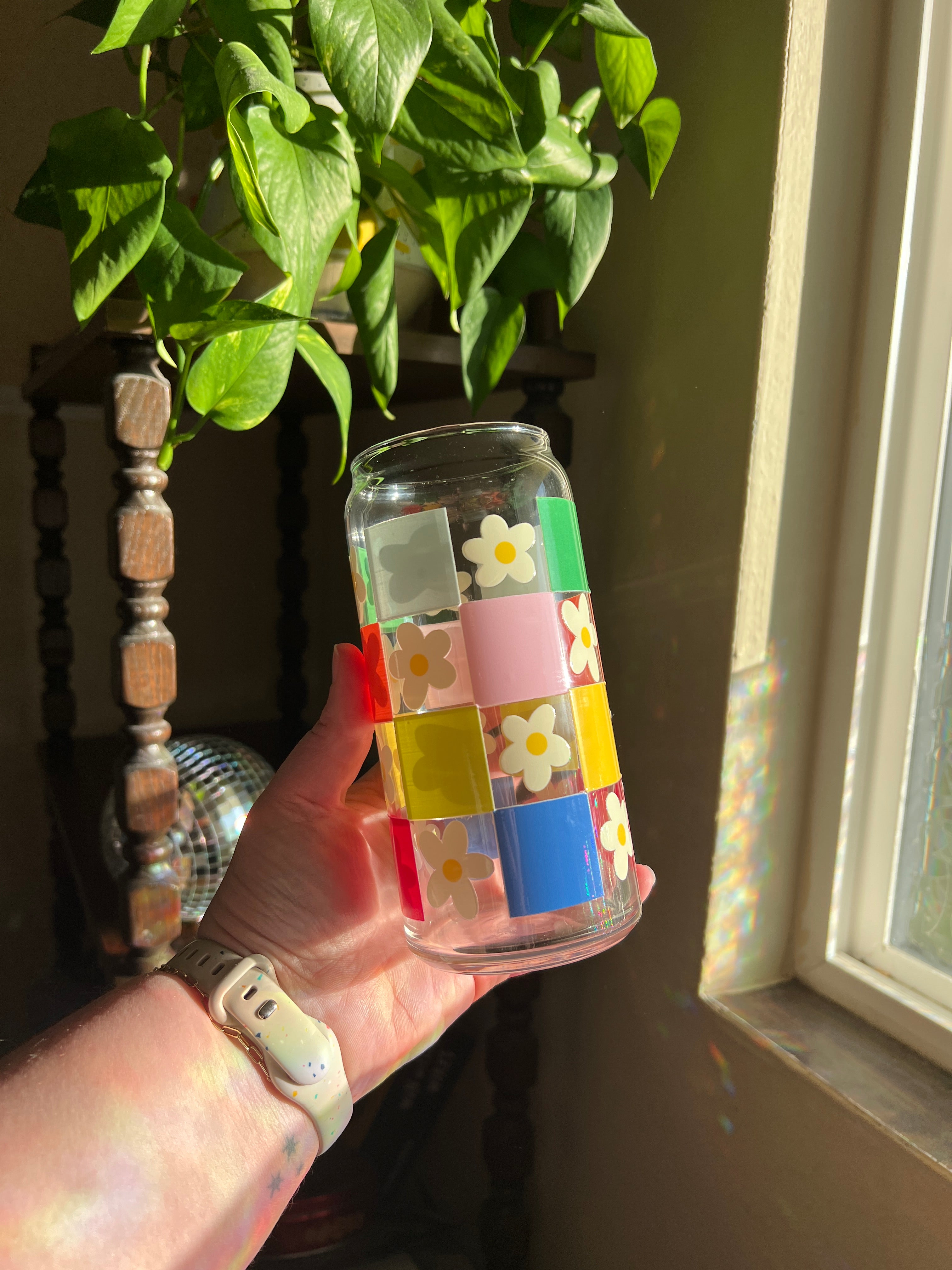 Floral Checker Glass Can Cup