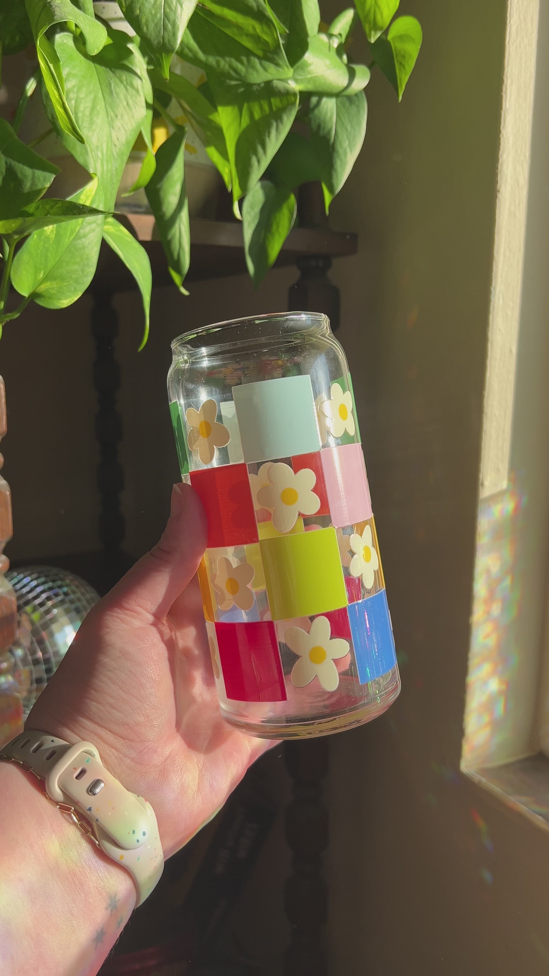 Floral Checker Glass Can Cup